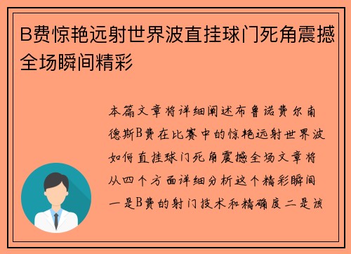 B费惊艳远射世界波直挂球门死角震撼全场瞬间精彩