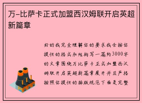 万-比萨卡正式加盟西汉姆联开启英超新篇章