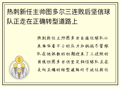 热刺新任主帅图多尔三连败后坚信球队正走在正确转型道路上
